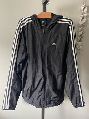 Y2K Vintage Adidas Hooded Windbreaker Jacket 3 Stripe Black White Mens Large